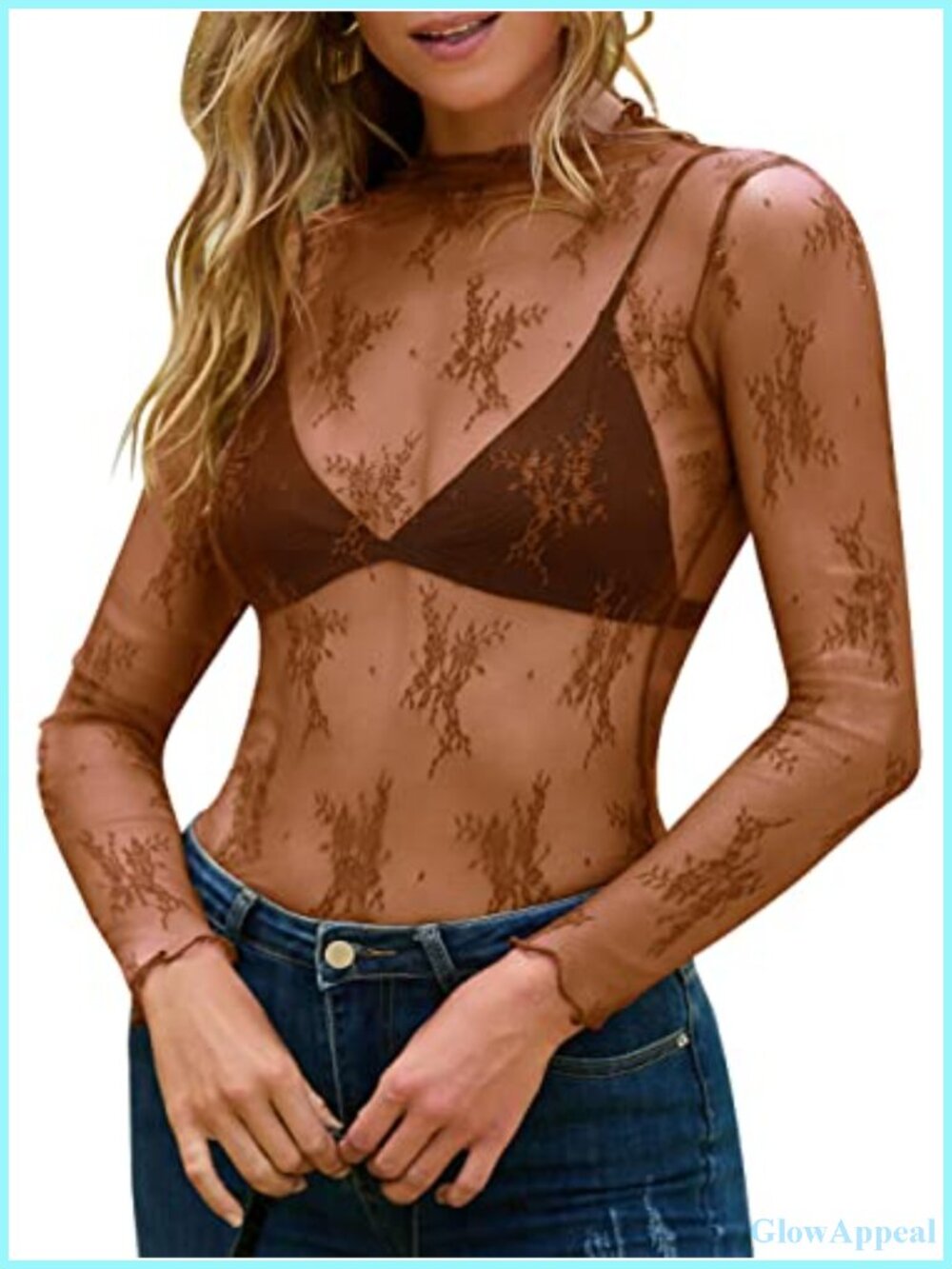 Sheer Floral Embroidery Mesh Mock Neck Long Sleeve Blouse Top